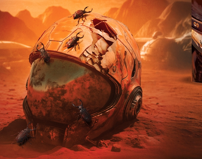 Cracked astronaut helmet half-buried in Martian sand, crawling with alien insects