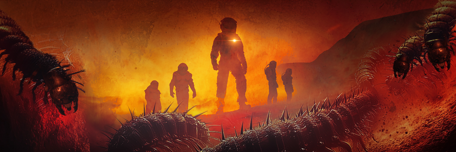 Suited survivors crossing the Martian surface among giant alien insects — art from the Colony cover